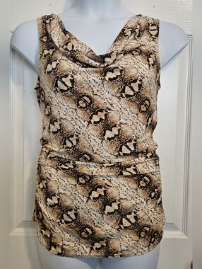 White House Black Market Beige and Brown Snake-Print Cowl Neck Camisole